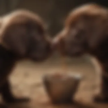 A chocolate lab puppy being fed by a knowledgeable owner