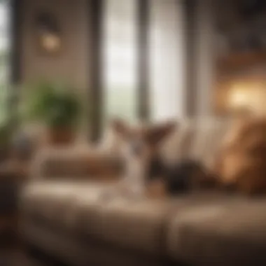 A cozy living room with a small dog relaxing on the couch