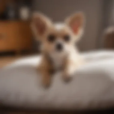 A playful small dog laying on a soft pillow