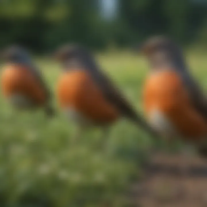 A group of American Robins foraging in a lush green field