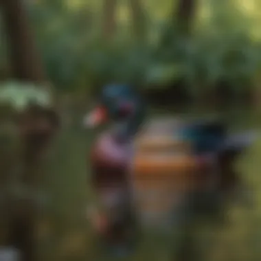 A colorful Wood Duck resting by a serene pond