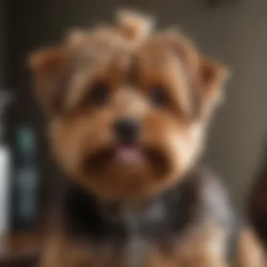 A brown Yorkiepoo being groomed at home