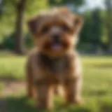 A brown Yorkiepoo playing in a sunny park