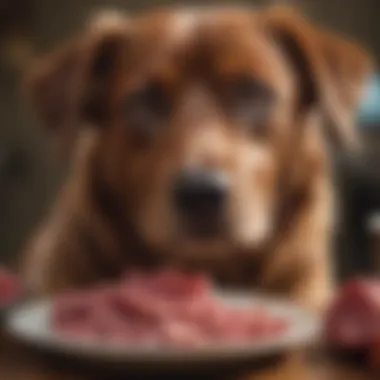 A dog looking curiously at a bowl of raw meat