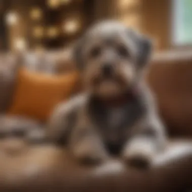 A cozy living room setting with a Schnoodle relaxing on a sofa