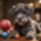 A playful Schnoodle puppy interacting with toys