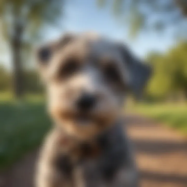 A Schnoodle enjoying a walk in a park during a sunny day