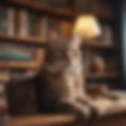 A cozy cat lounging on a bookshelf among books