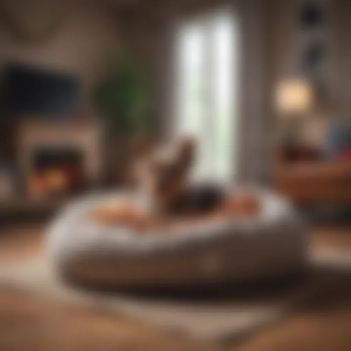 Cozy small heated dog bed in a stylish living room setting