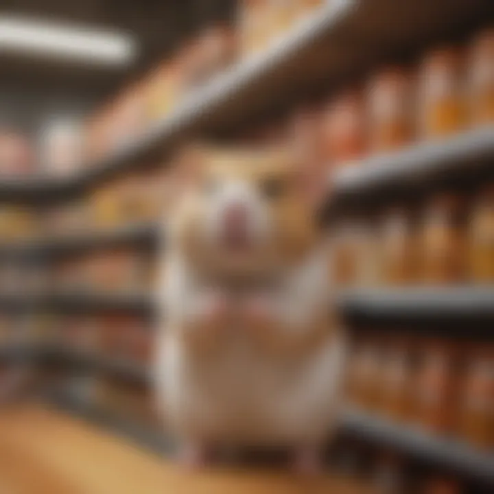 A pet store shelf stocked with different brands of hamster food