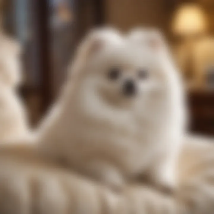 A teacup white Pomeranian sitting gracefully on a plush cushion, showcasing its luxurious fur.