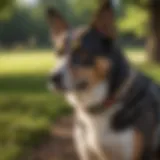 A close-up view of a dog wearing a tracking chip collar in a park