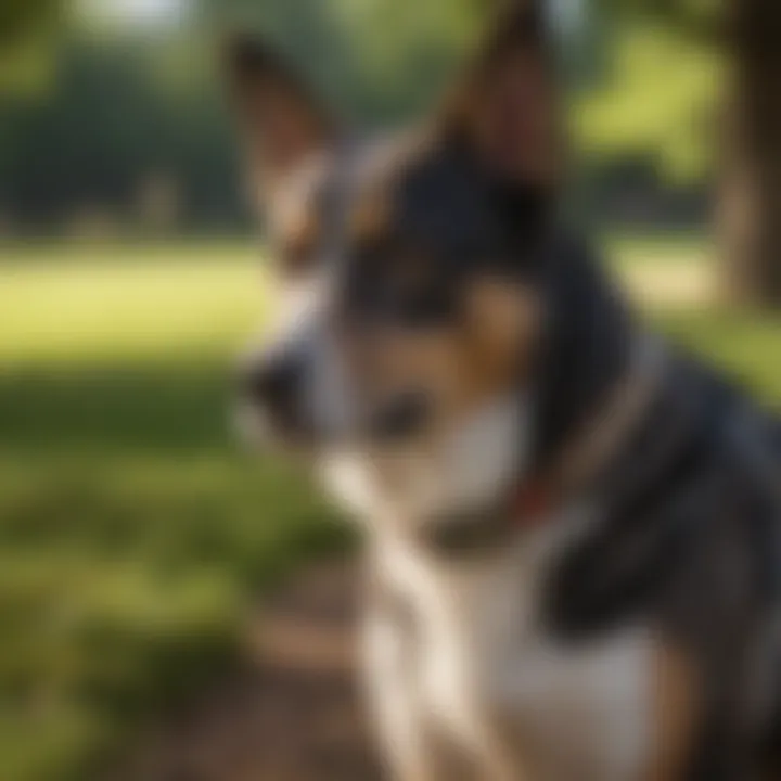 A close-up view of a dog wearing a tracking chip collar in a park