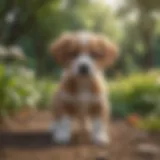 A joyful puppy playing in a vibrant garden