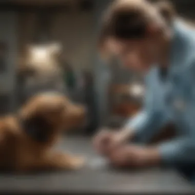 A veterinarian examining a dog in a clinical setting.