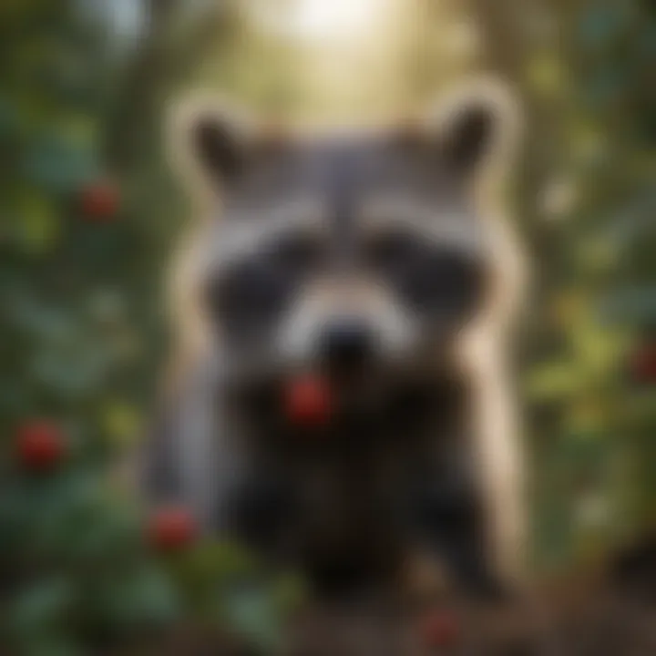 A raccoon examining a berry bush with curiosity