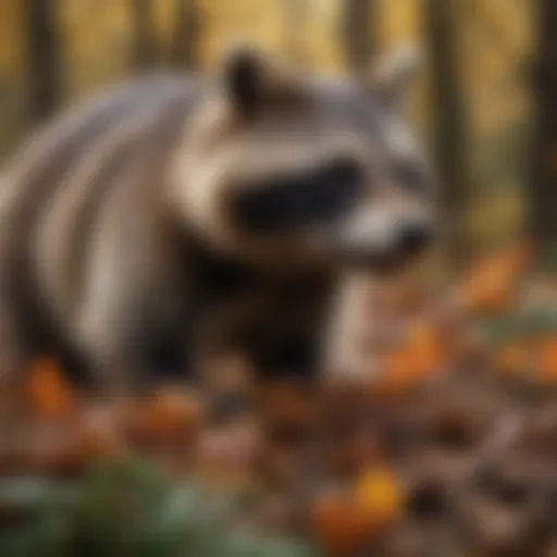 A raccoon foraging through a pile of leaves in search of food