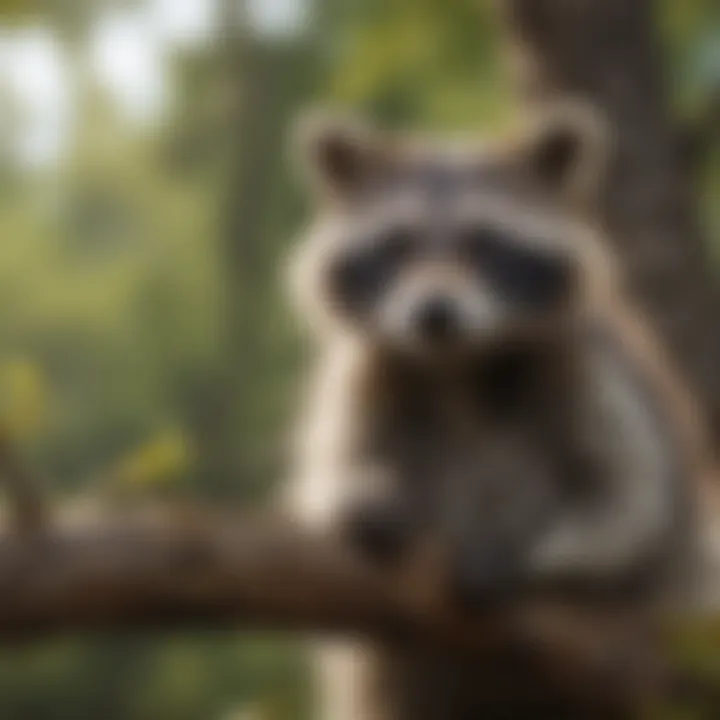 A raccoon perched on a tree branch observing its surroundings
