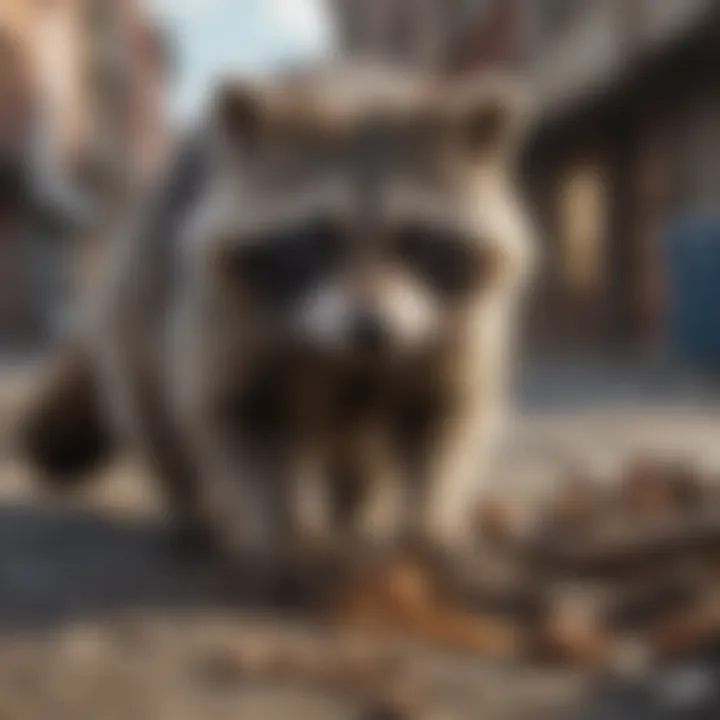 A close-up of raccoon paws rummaging through urban waste