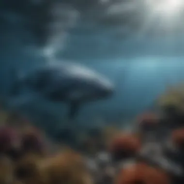 An underwater scene illustrating the blue whale's natural habitat amidst marine life.