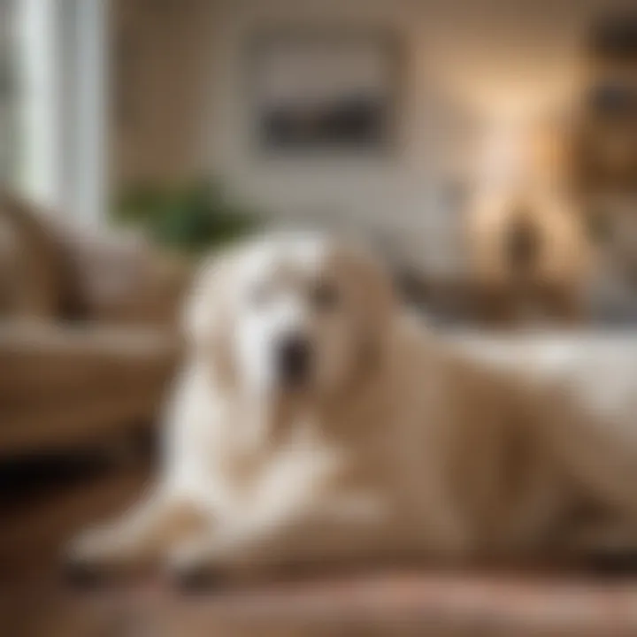 A Great Pyrenees resting comfortably beside its owner in a living room