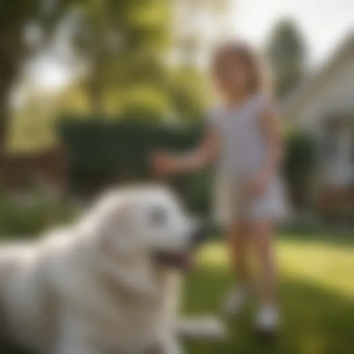 A Great Pyrenees playing joyfully with children in a backyard