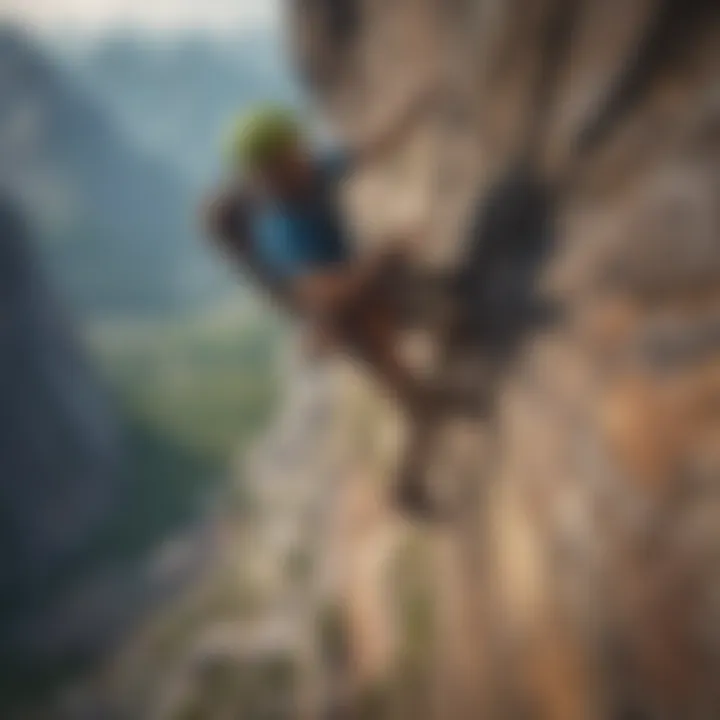 Climber scaling a steep rock face on a prominent mountain