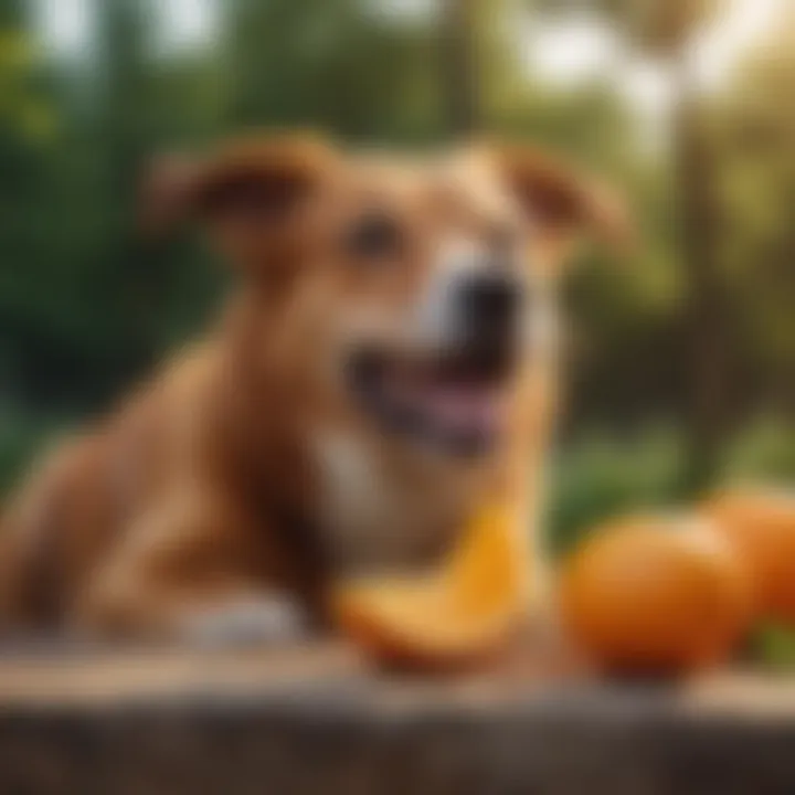 A happy dog enjoying a slice of orange outdoors