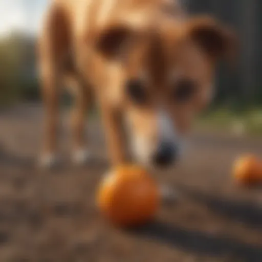 A dog curiously inspecting an orange on the ground