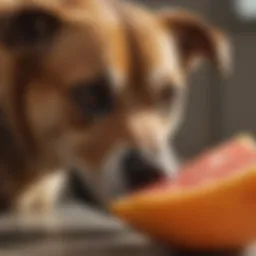 A close-up of a dog curiously sniffing a grapefruit.