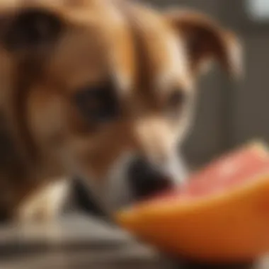 A close-up of a dog curiously sniffing a grapefruit.