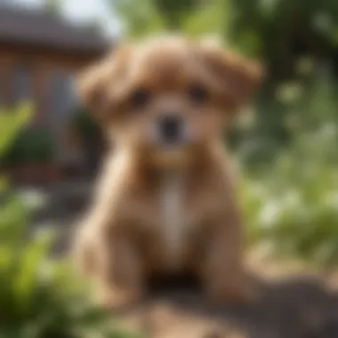 Brown Maltese puppy playing in a lush garden