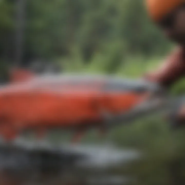 Conservation efforts with individuals restoring a salmon spawning habitat