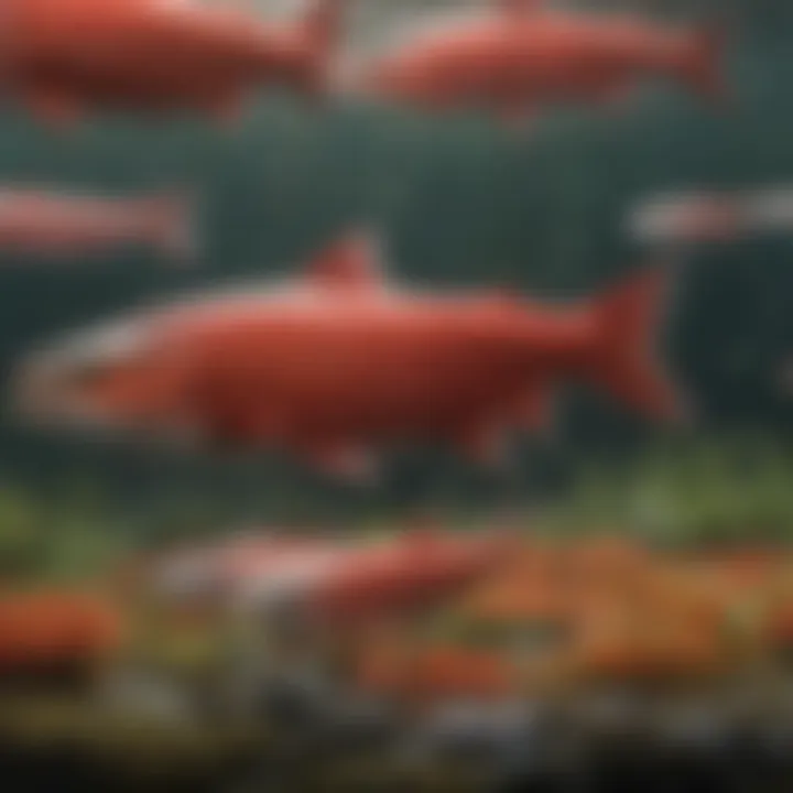 Detailed illustration of the sockeye salmon life cycle from egg to adult