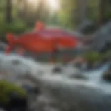 A vibrant sockeye salmon swimming upstream in a clear river