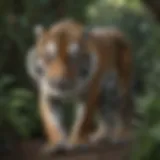 A majestic tiger prowling through lush foliage