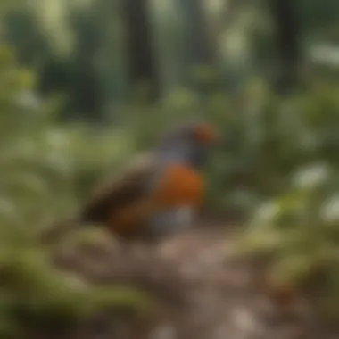 Robins foraging for food in a lush garden, emphasizing their ecological role.