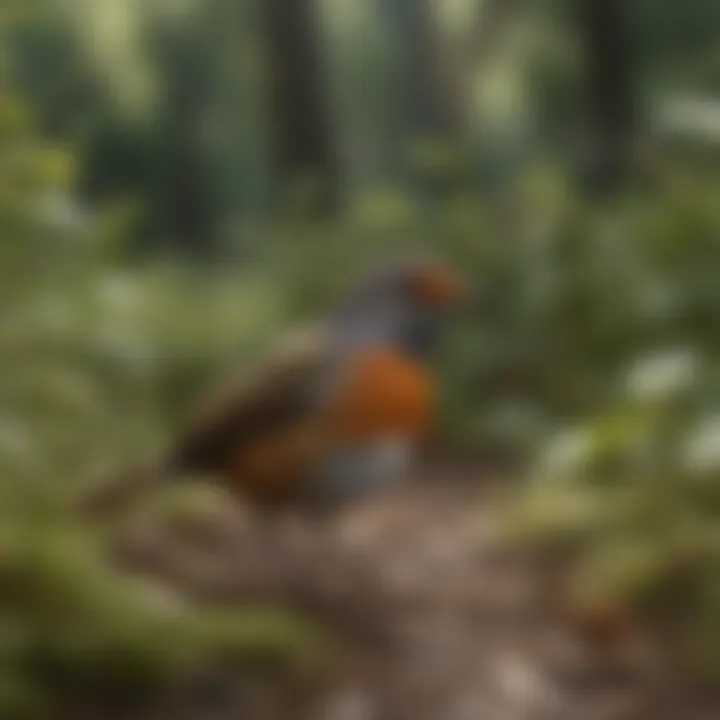 Robins foraging for food in a lush garden, emphasizing their ecological role.