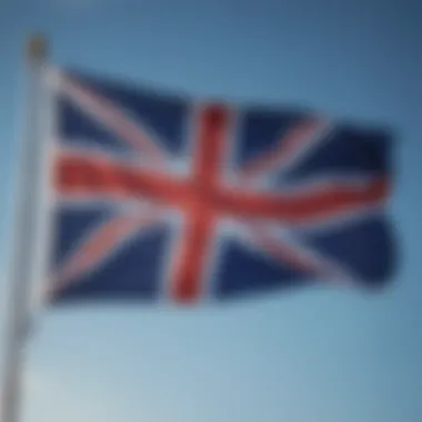 A close-up view of the Jersey flag fluttering against a clear blue sky, showcasing its vibrant design.