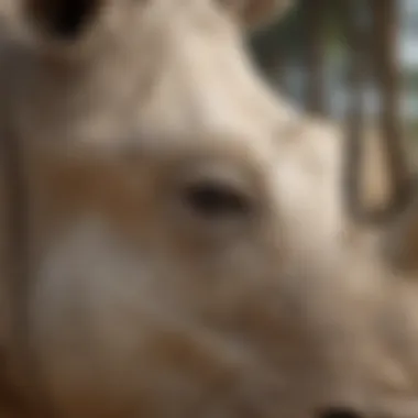 A close-up view of the northern white rhinoceros, highlighting the texture of its skin and the size of its horn.