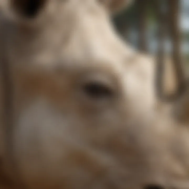 A close-up view of the northern white rhinoceros, highlighting the texture of its skin and the size of its horn.