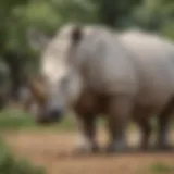 A majestic northern white rhinoceros grazing in its natural habitat, showcasing its unique features.