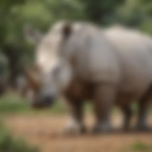 A majestic northern white rhinoceros grazing in its natural habitat, showcasing its unique features.