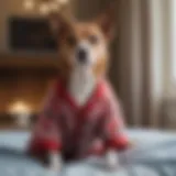 A cozy dog lounging in a stylish pajama set, showcasing the elegance of canine fashion.