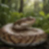 A Burmese python coiled in the lush vegetation of the Everglades.