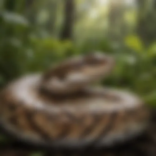 A Burmese python coiled in the lush vegetation of the Everglades.