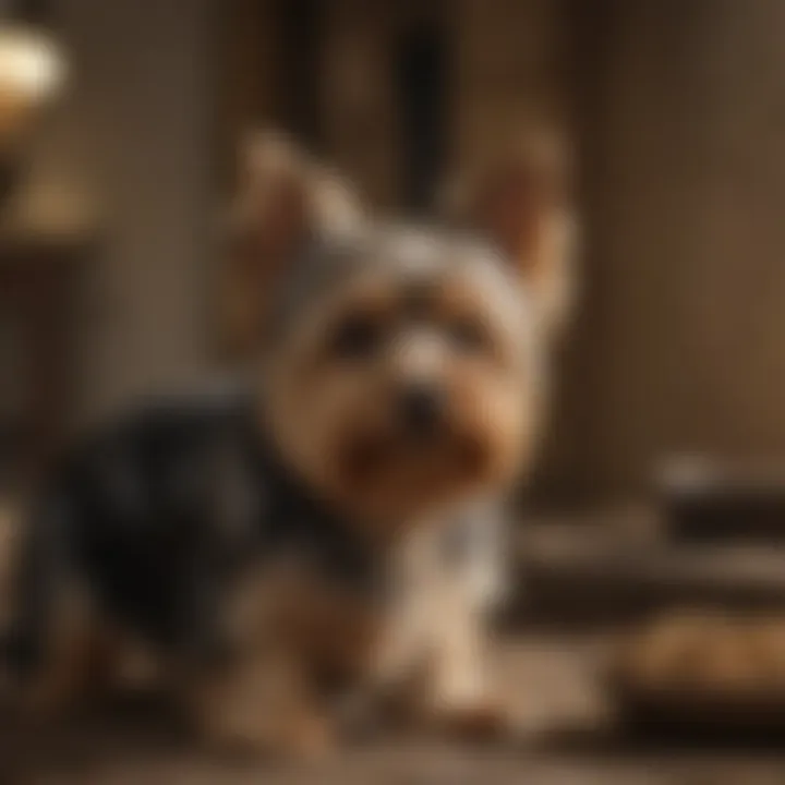 A Yorkshire Terrier in a historical setting, showcasing its origins as a working dog.