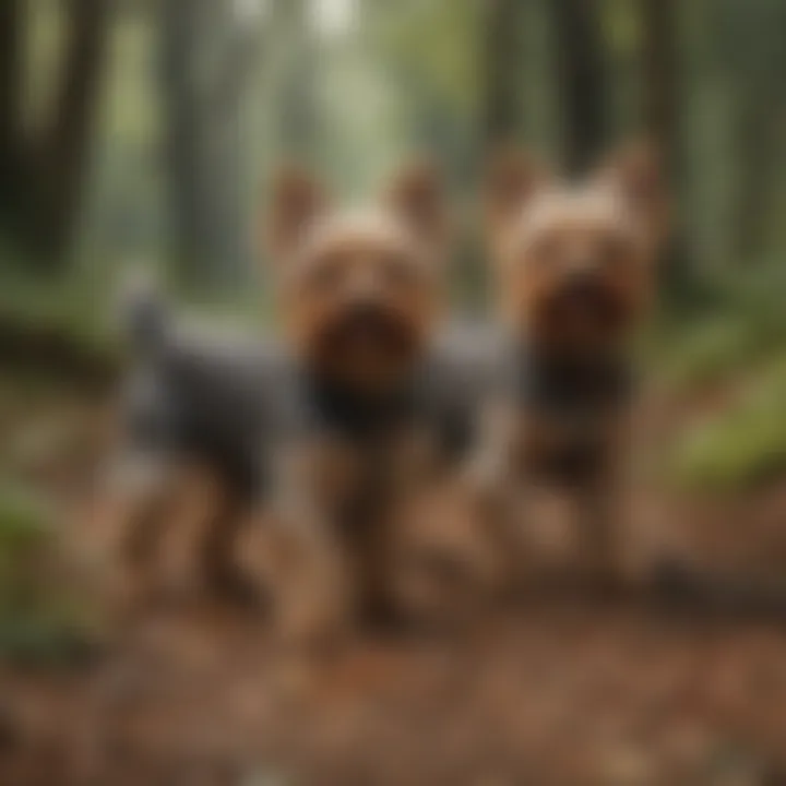 A vintage illustration of Yorkshire Terriers engaged in hunting activities.