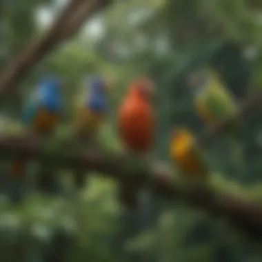 A group of colorful birds perched on a branch amidst lush greenery.