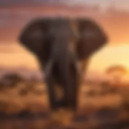 A majestic elephant grazing in the savannah under a vibrant sunset.